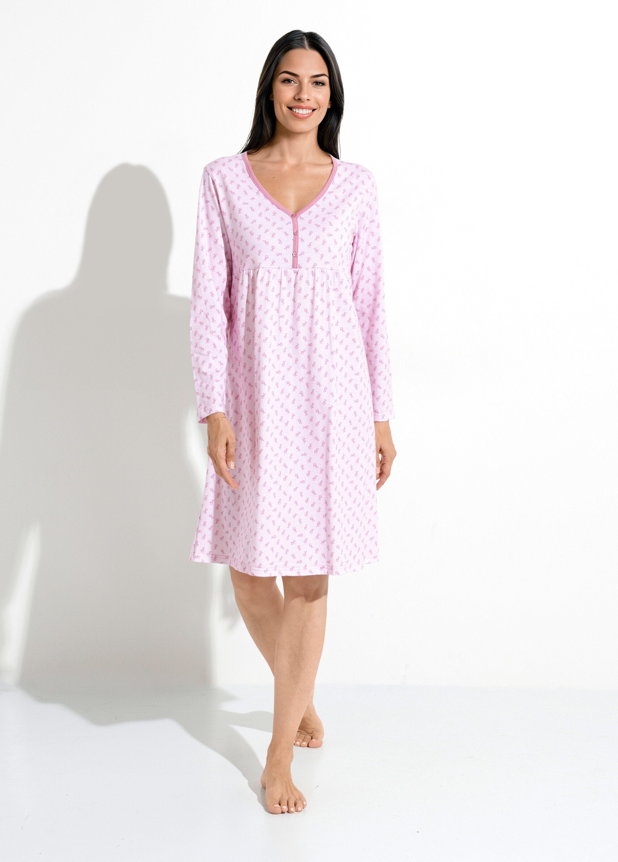 Long_3/4_sleeve_printed_cotton_nightgown_Pink_FA1_slim