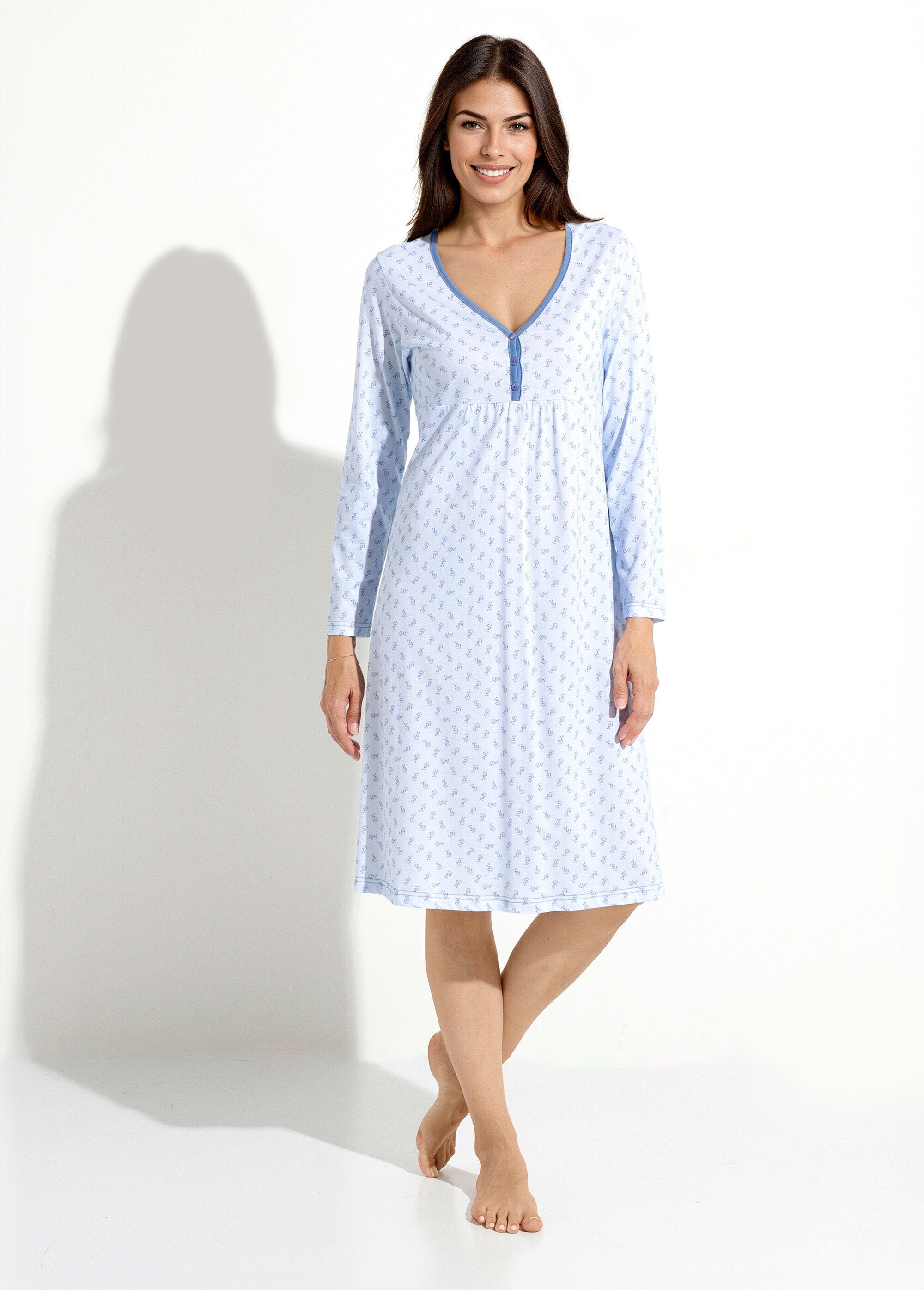 Long_3/4_sleeve_printed_cotton_nightgown_Blue_FA1_slim