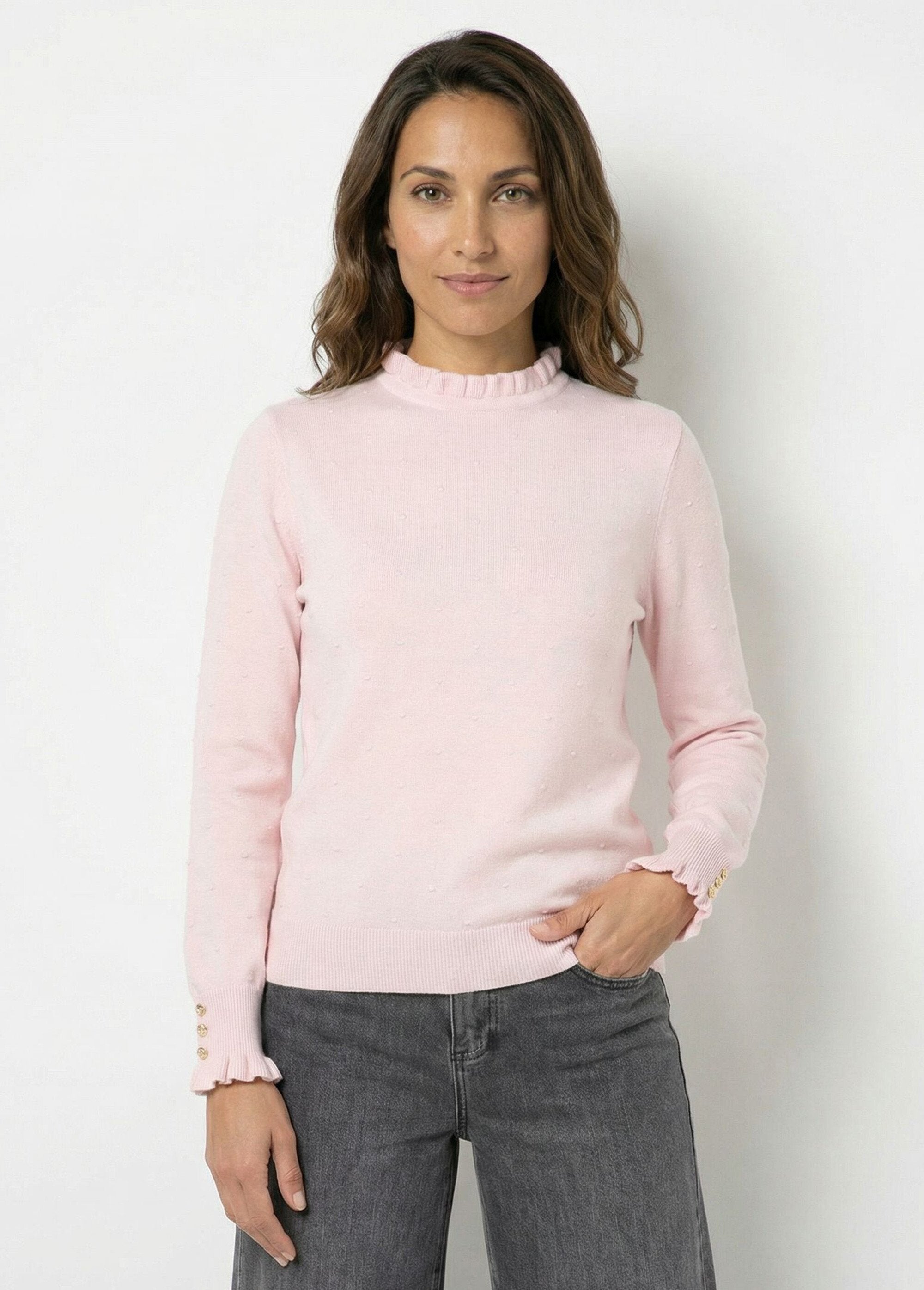 Pull_col_montant_plissé_maille_plumetis_Rose_FA1_slim