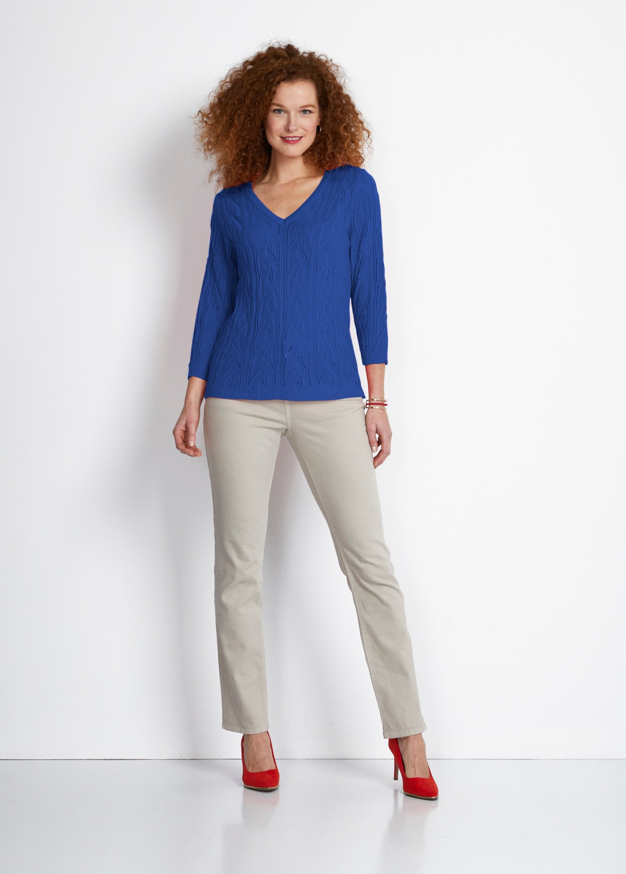 Pull_col_V_manches_3/4_maille_ajourée_Bleu_SF1_slim