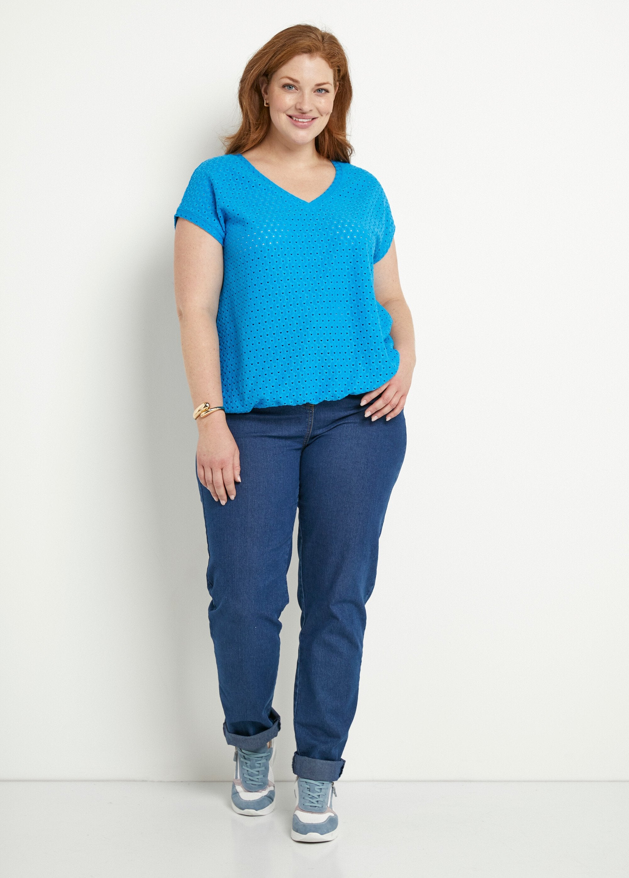 Loose_T-shirt_with_short_plain_V-neck_blouse_Turquoise_SF1_curvy