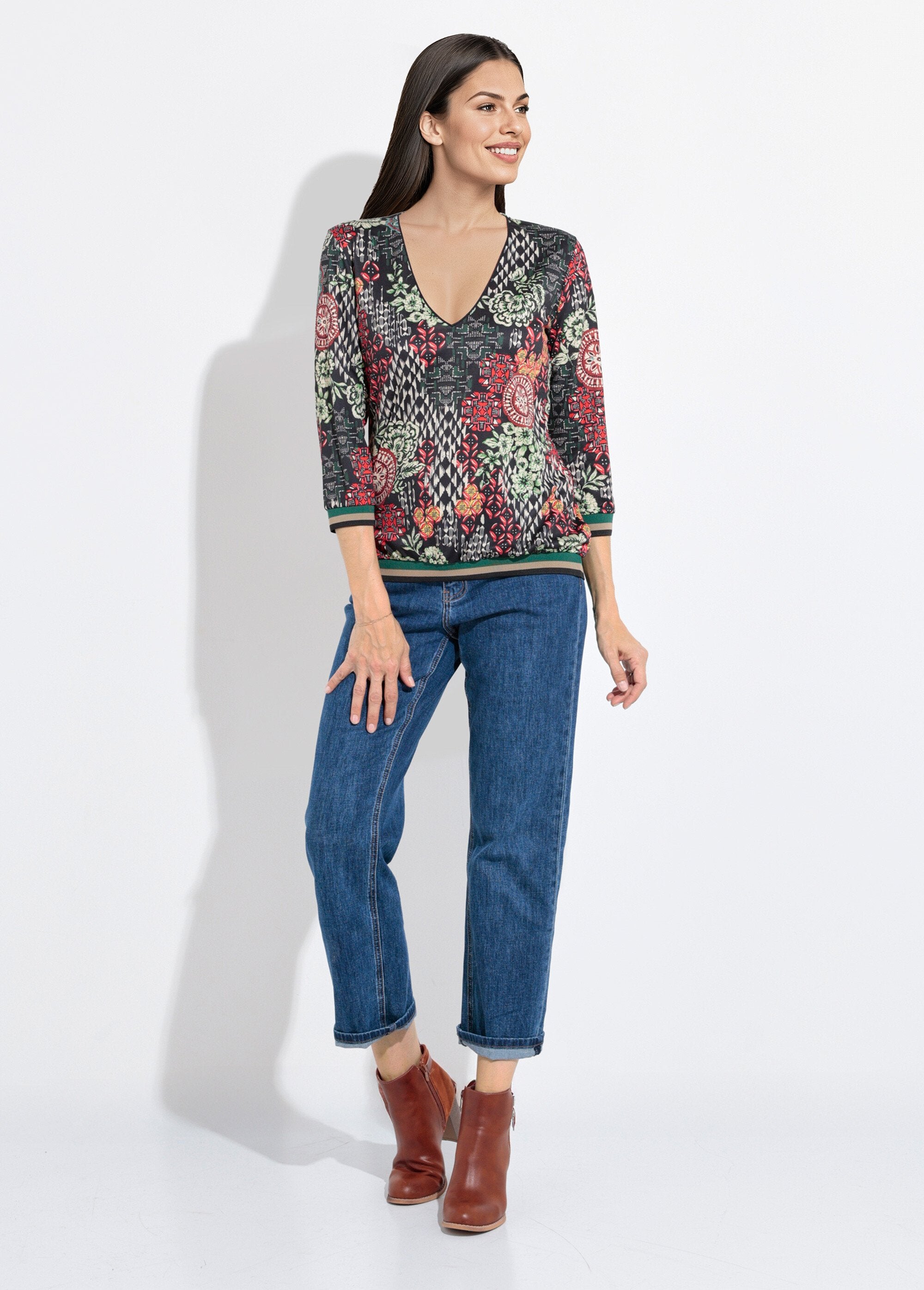 V-neck_tunic_with_patchwork_ribbed_details_Green_and_orange_SF1_slim