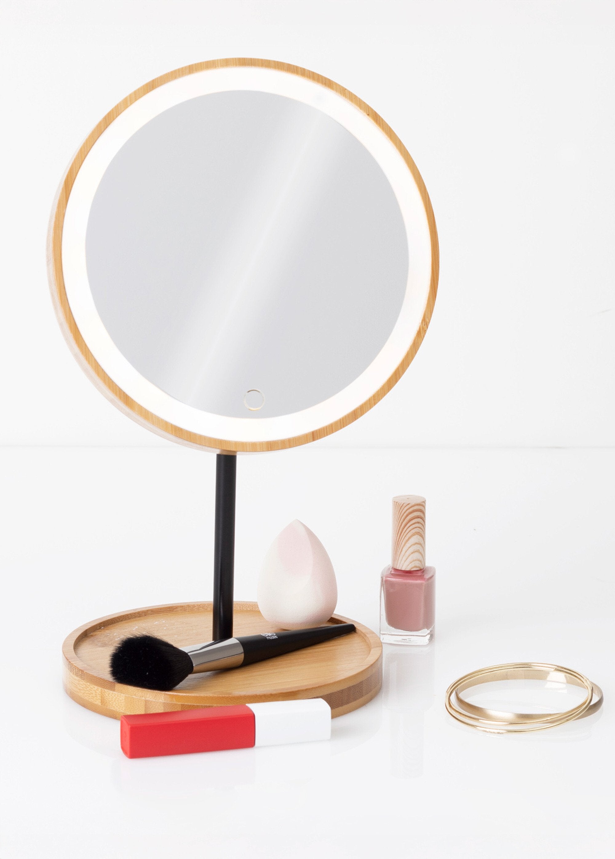Bamboo_LED_mirror,_swiveling_on_a_stand_Bamboo_and_black_SF1_slim