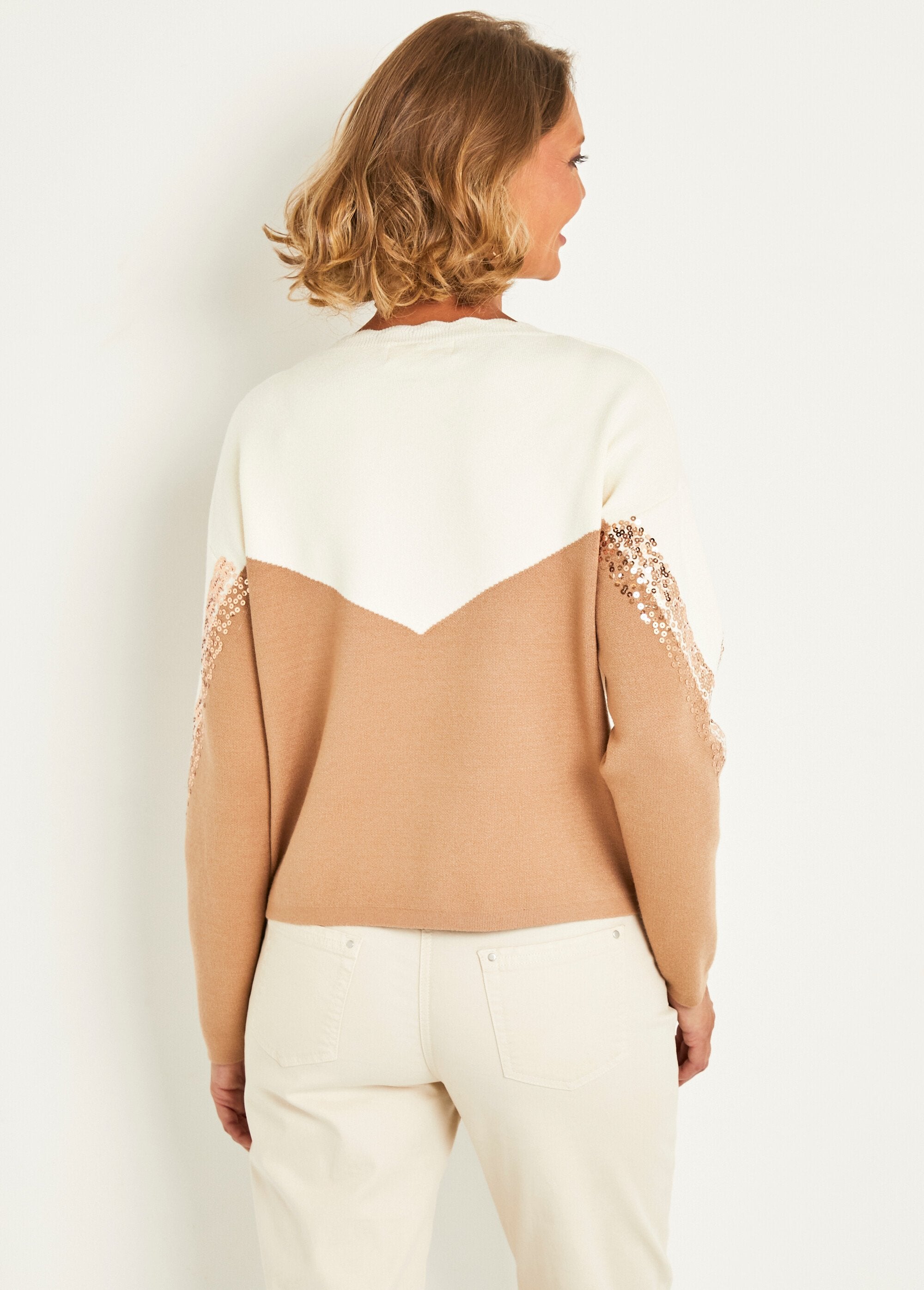 Two-tone_long-sleeved_sequin_sweater_Beige_and_camel_DO1_slim