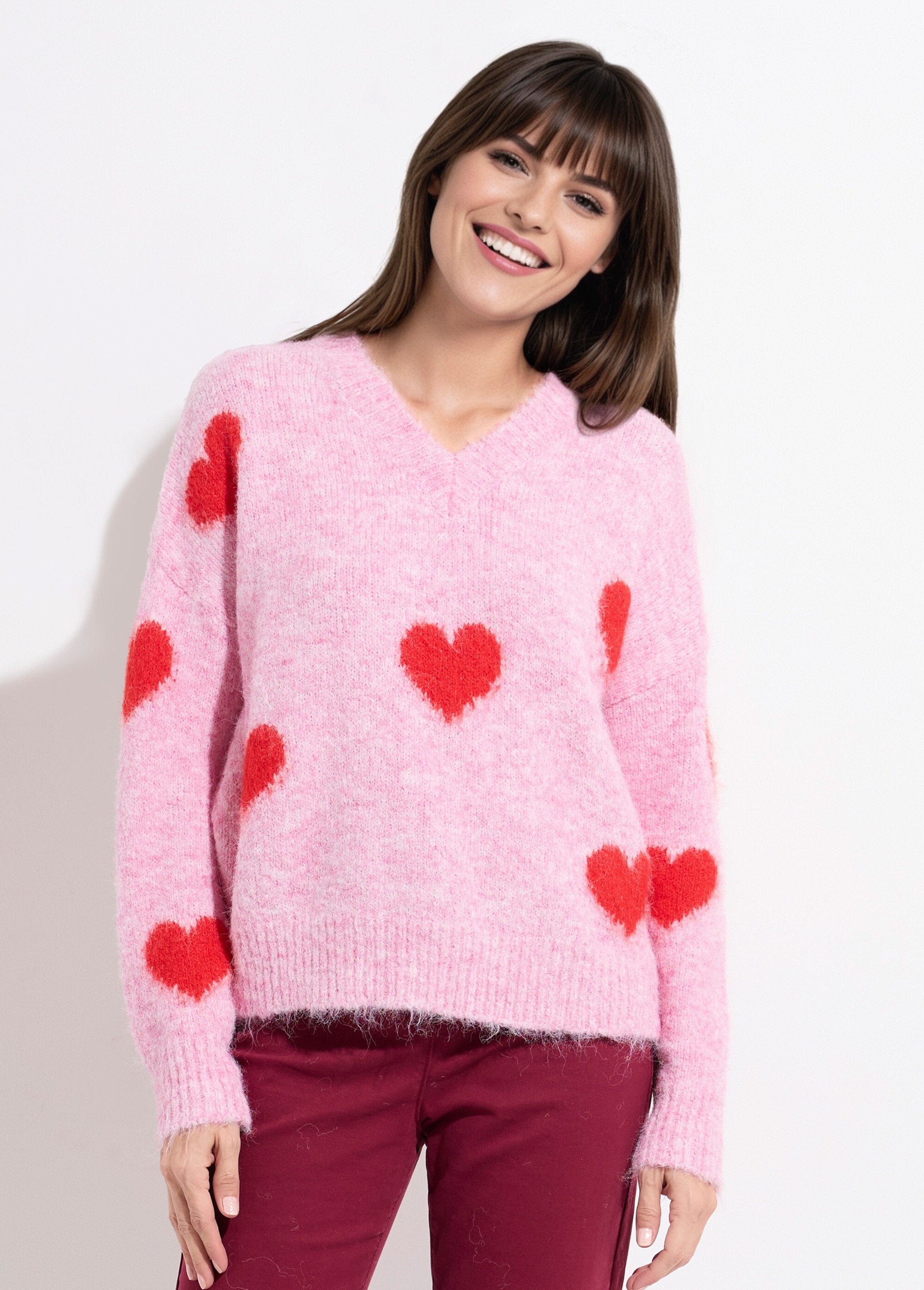 Pull_col_V_chaud_en_laine_avec_coeurs_Rose_clair_FA1_slim