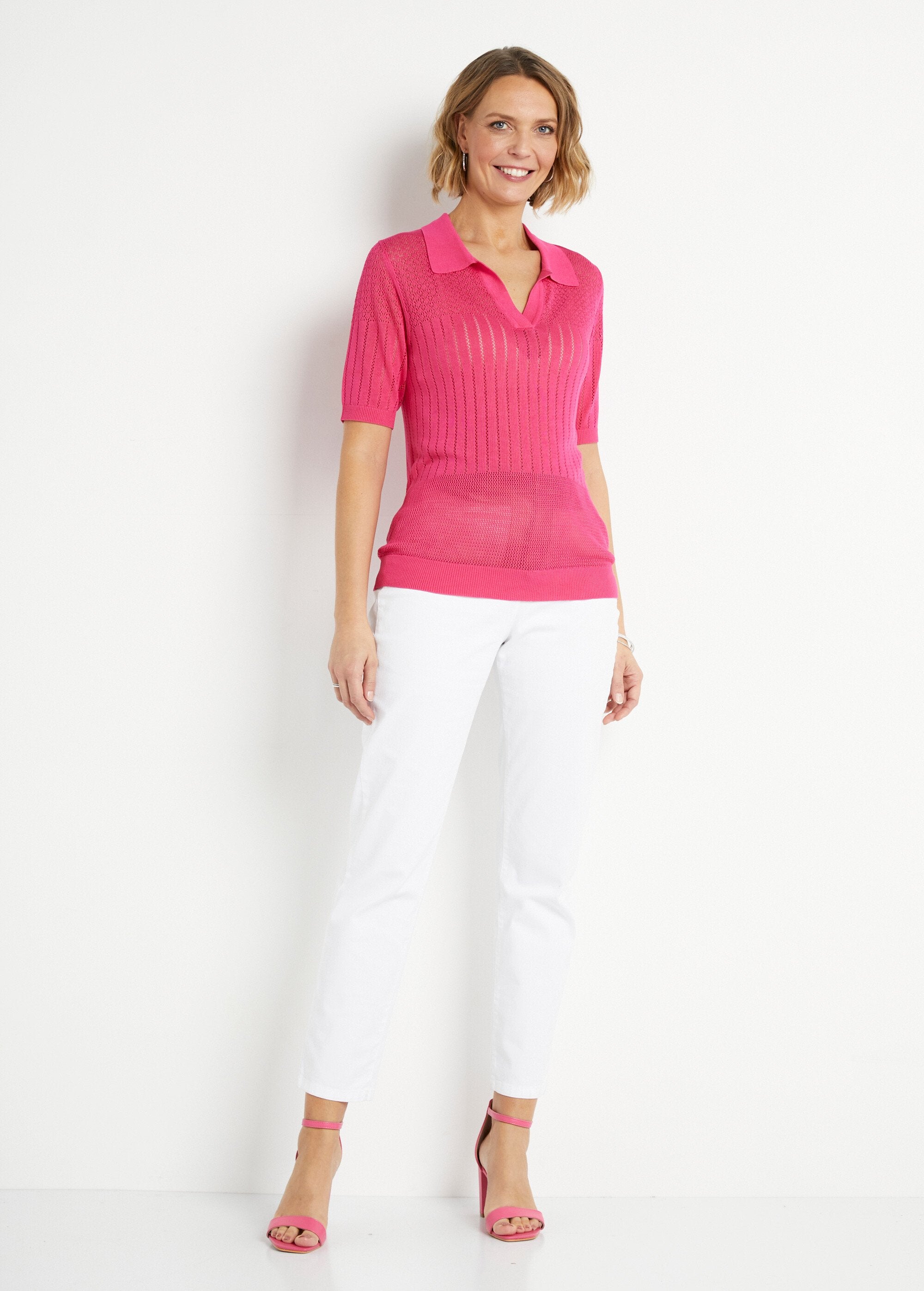 Fine_openwork_polo_neck_sweater_with_short_sleeves_Fuchsia_SF1_slim