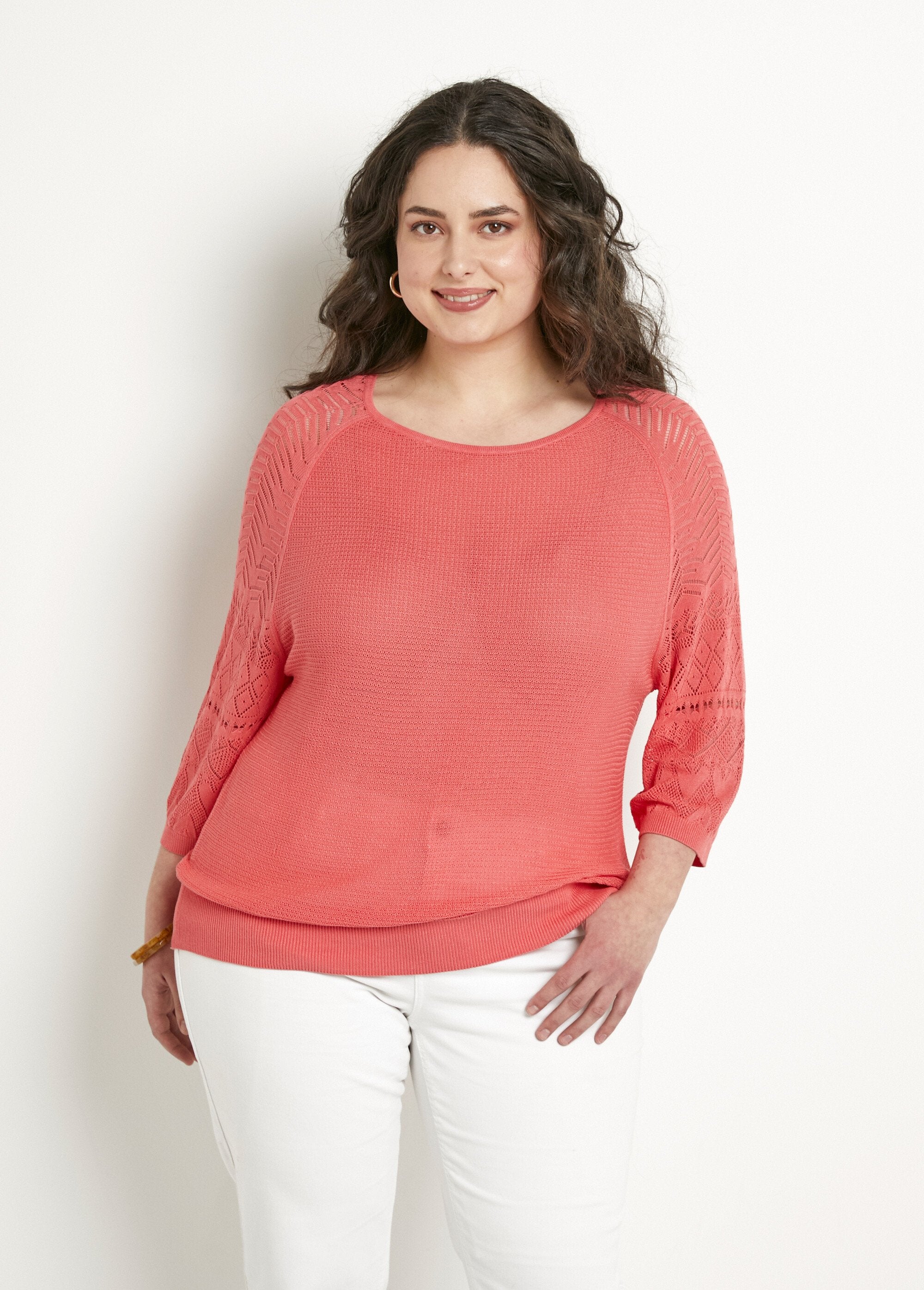 Lightweight_sweater_with_3/4_raglan_sleeves_and_round_neck_Coral_FA1_curvy