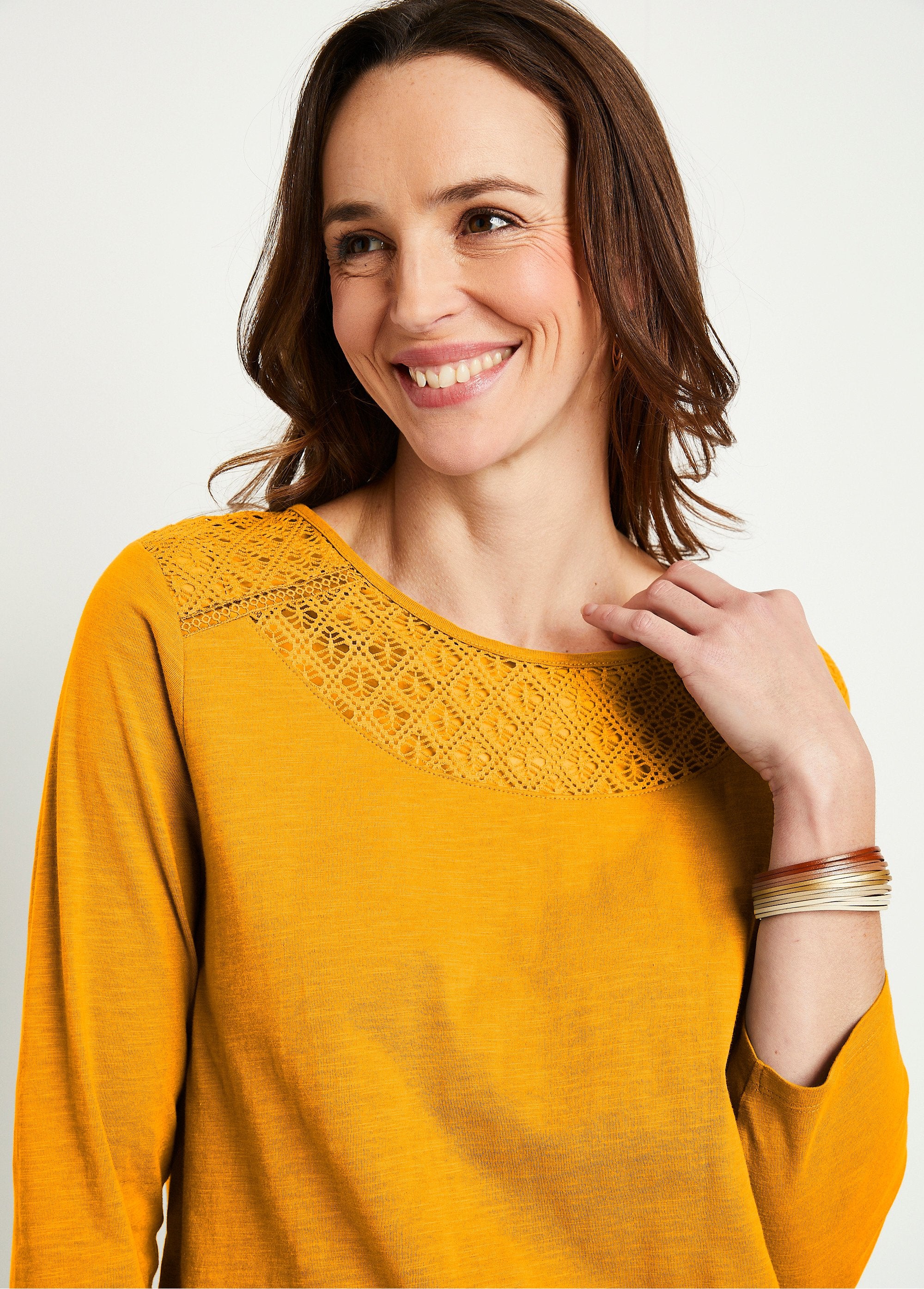 Cotton_and_lace_3/4_sleeve_t-shirt_Saffron_DE1_slim