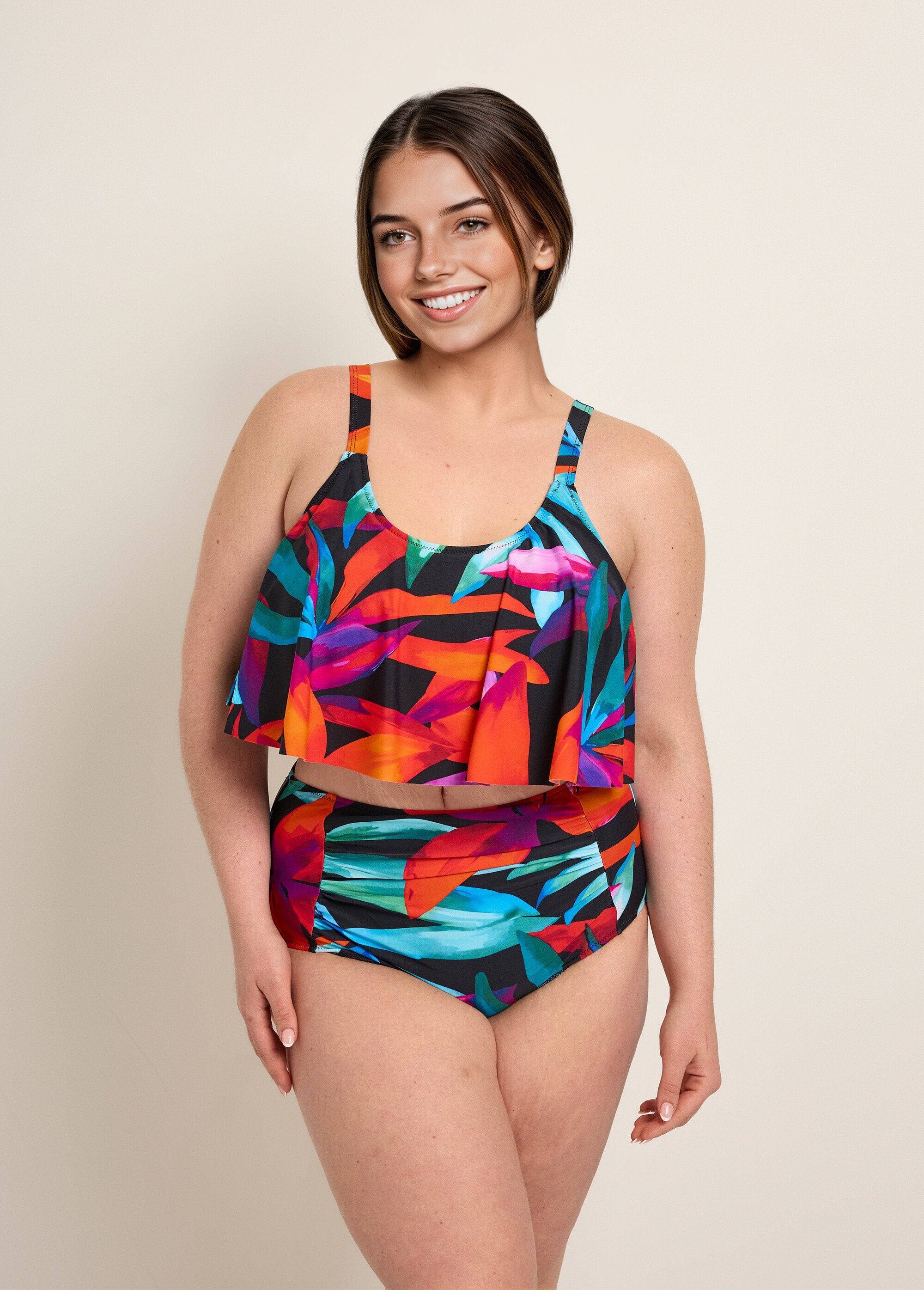 Tankini_2_pièces_volanté,_motif_feuilles_Noir_multicolore_FA1_curvy