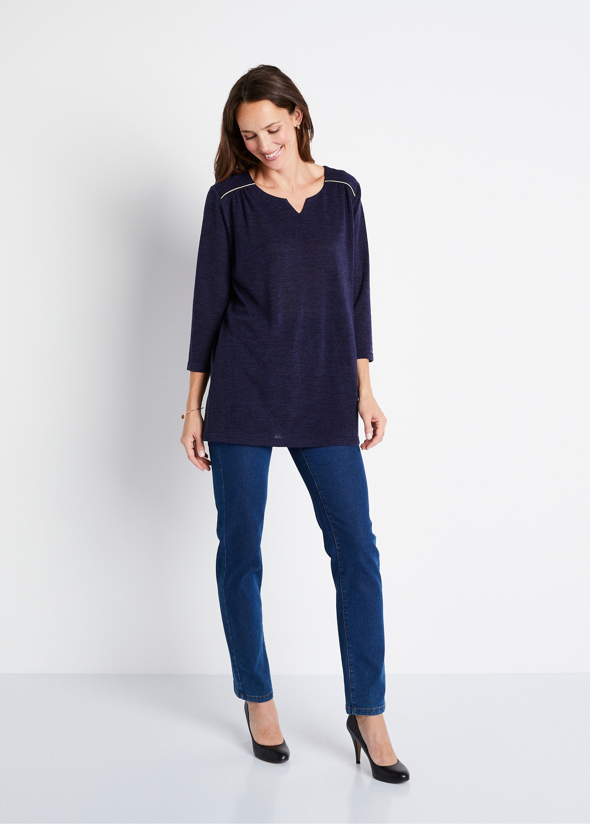 Long_flared_t-shirt_with_3/4_sleeves_and_round_neck_Plain_navy_SF1_slim