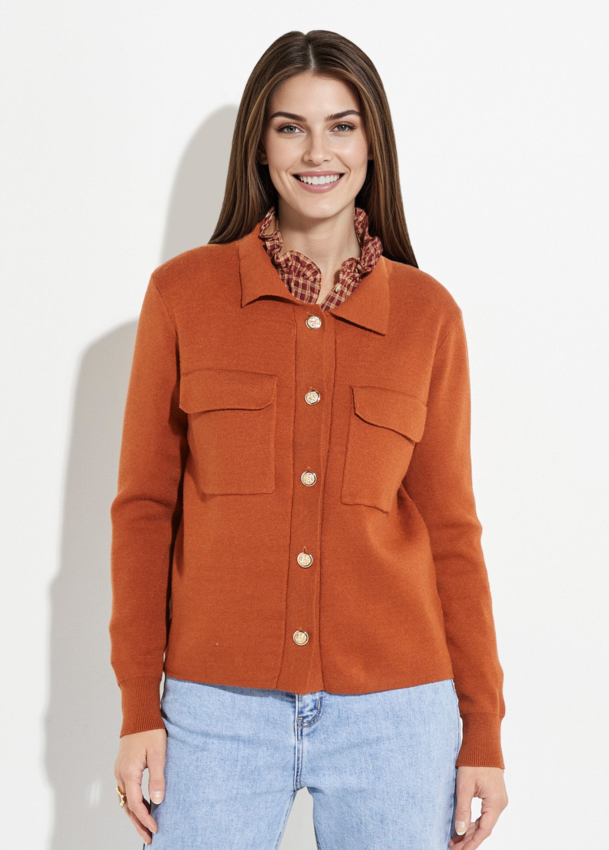 Veste_maille_jacquard_et_boutons_métal_Brique_FA1_slim